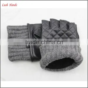 Ladies Winter Fingerless Leather Gloves With Grey Knitting Ending thumbnail-6