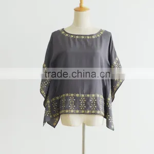 Kaftan Style Dolman Sleeve Metallic Yarn Embroider Short Silk Blouse thumbnail-2