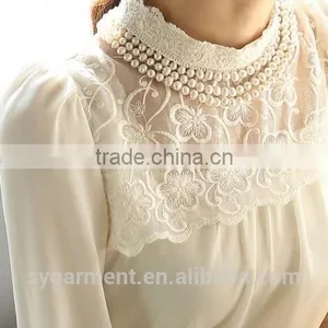 New Women Long Sleeve Render Unlined Upper Garment Sheer Lace Floral Chiffon Blouse White Pearl Collar Tops thumbnail-5