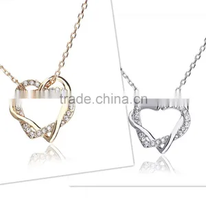 Fashion Jewellery Necklace Women 18k Gold Plated Austrian Crystal Rhinestone Zircon Chunky Double Heart Pendants thumbnail-1