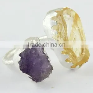 Rough Stone !! Ctrine & Amethyst !! Silver Gold Plated Ring, Handmade Silver Jewelry, Silver Jewelry thumbnail-1