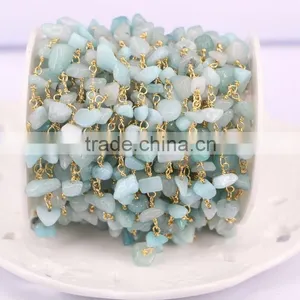 Aquamarine Chip Beads Link Rosary Chains,Brass Wire Wrapped Chain Necklace Bracelet, Fine Jewelry Findings Stone Beaded Chain thumbnail-4