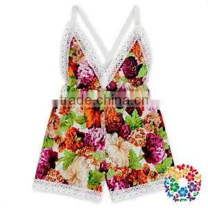 Florals Cotton Backless Lace Fringe Baby Clothes Romper Wholesale thumbnail-5