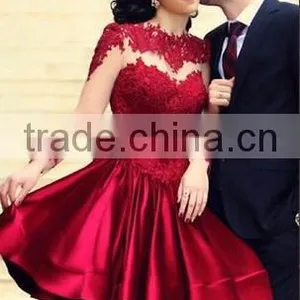 New Style High Neck Knee Length Long Sleeve Red Cocktail Dresses thumbnail-1