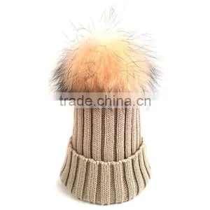 Myfur Wool Blend Knitted Beanie Hat With Matched Color Real Raccoon Fur Ball thumbnail-1