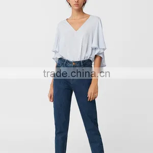 Batwing V Neck Bodysuit Women Casual Frill Sleeve Blouse Designs thumbnail-4