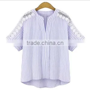 European Station 2017 New Large Size Women's Striped Shirt Stitching Short-sleeved T-shirt Cotton and Linen Jacket thumbnail-2