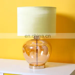 Hotel Decor Modern Yellow Lampshade Small Nightstand Glass Table Lights for Sale thumbnail-1