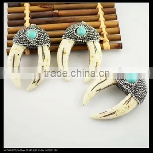 LFD-0099P ~ Fashion! Two White Teeth Pendant With Crystal Rhinestone and Turquoise Paved Charms Pendants thumbnail-4
