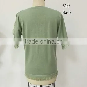 2016 Spring/Summer v Neck Short Sleeve Pointell on Front With Fringe Fashion Pullover Garment thumbnail-1