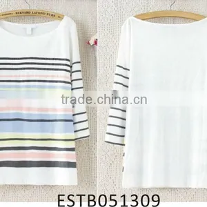 Ladies Colorful Stripe Cotton 3/4 Sleeve T-shirt thumbnail-1