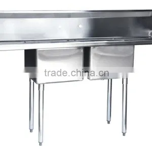 Freestanding Restaurant Kitchen 2 Two Compartment Commercial Stainless Steel Sink With Two Drainboard thumbnail-3