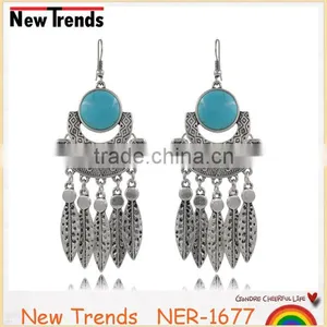 2016 Alloy Silver Plated Leaf Shape Turquoise Earring for Women thumbnail-1