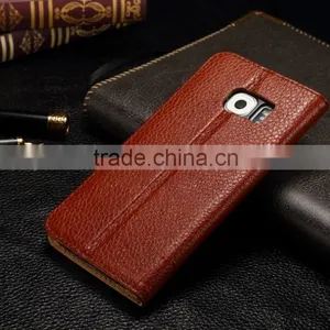 Genuine Leather Cover Window Display Stand Phone Flip Case For Samsung Galaxy S6 Edge thumbnail-2