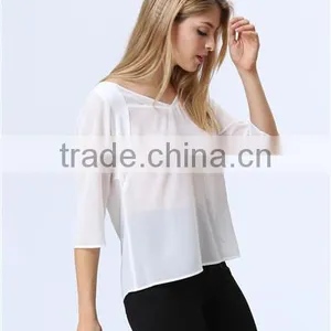 See-through White Chiffon Three Quarter Sleeve Casual Loose Blouse/Top for Ladies/Women thumbnail-4