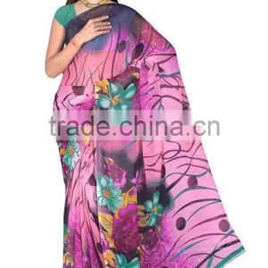 Beige & Black Colored Georgette Satin Printed Saree. thumbnail-1