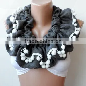 Scarf,Gray Loop Scarf, Ruffle Scarf, Gray Infinity Scarf, Circle, Gray Pashmina,Christmas Scarfs, Pompom Scarf, Fashion,cowl Sca thumbnail-6