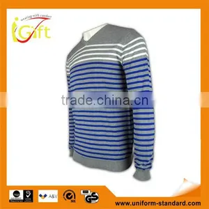 ISO9001/BSCI Manufature Blue V-neck Striped Design Wool Sweater thumbnail-1