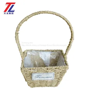 Wholesale Cheap Grass Braid Stitched Natural Gift Straw Basket With Handle thumbnail-1