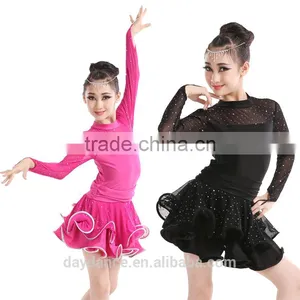 2016 New Fashion Girls High Neck Long Sleeve Performance Dress Child Kids Rhinstone Sequin Mesh Sexy Latin Dance Dress thumbnail-2