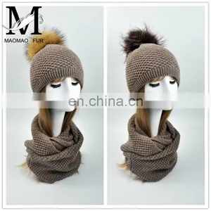 Wholesale Knitted Scarf Women Raccoon Fur Ball Winter Hat All in One Hat and Scarf thumbnail-1