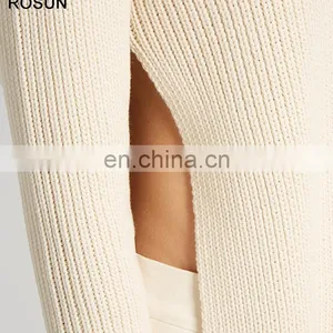 Women Round Neck Ribbed Knit Cotton Blend Sweater thumbnail-4
