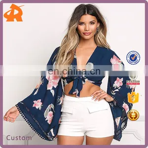 Navy Floral Bell Sleeve Front Tie Crop Top thumbnail-1