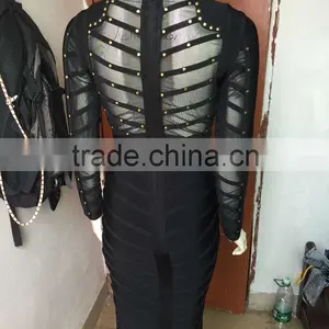 Summer Dress Army Green Black Long Sleeve Mesh Sey Party Women Beading Bandage Dress Bandage Bodycon Women Wearing thumbnail-3