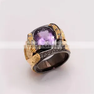 925 SOLID STERLING FINE SILVER AMETHYST RING BLACK & GOLD RHODIUM thumbnail-1