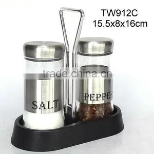 TW912C 2pcs Glass Salt and Pepper Set With Metal Casing and Plastic Stand thumbnail-1
