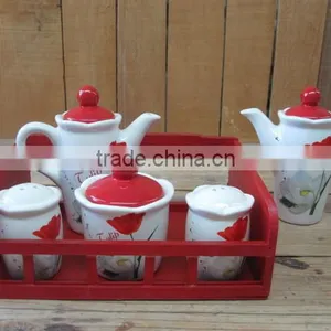 Ceramic Salt /Pepper Shaker, Oil/Vinegar Pot, Sugar Jar Condiment Set With Wooden Stand thumbnail-1
