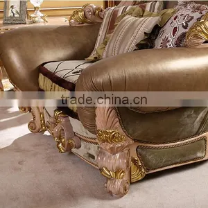 European Style Hand Carved Leather And Fabric Mixed 1+2+3 Sofa Set With Coffee Table(MOQ=1 SET) thumbnail-5