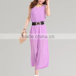 High Quality New Fashion Ladies Chiffon Loose Fit Sleeveless Capris Custom Made Jumpsuit With Leather Belt thumbnail-2