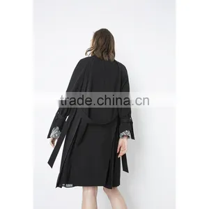 2018 Fashion Women Classical Black Plain Collar Belted Long Trench Coat thumbnail-5
