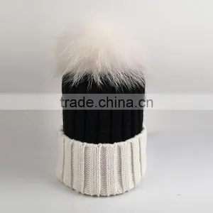 Myfur Bi-Color Black/White Genuine Raccoon Fur Pom Puff Wool Acrylic Ladies Beanie thumbnail-1