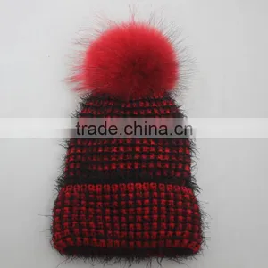 Myfur Red And Black Customized Adult Wool Beanie Hat With Real Fur Bobble thumbnail-2