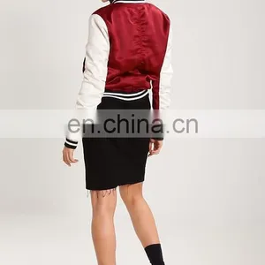 Lightly Padded Women Polyester College Plain Satin Baseball Jacket thumbnail-3