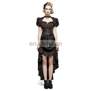Steampunk Punk Rave Black Brown Short Puffed Sleeves High-low Long Dress Q-315 thumbnail-2
