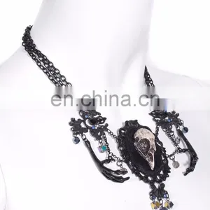 Gothic Necklace With Faux Small Crow Skull and Beads thumbnail-4
