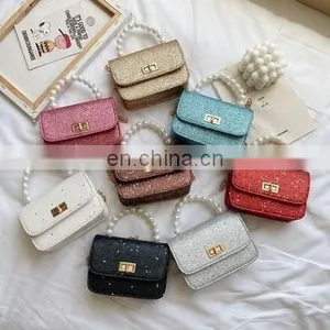Kids Mini Handbag New Elegant Shoulder Messenger Portable Chain Bag Girl PVC Jelly Bag Pearl Crossbody Square Bag thumbnail-1