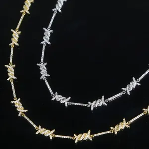3mm Thin Iced Barbed Wire Necklace Micro Paved Cubic Zirconia Punk Twist Spiked Thorns Charm Link Chain Choker thumbnail-3