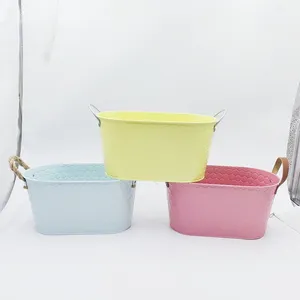 Pastel Oval Metal Planter Basket, Honeycomb Embossed Iron Bucket With Handles for Farmhouse Dried Flower Home Decor thumbnail-1
