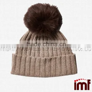 Ribbed Cashmere Fur Pom-Pom Hat thumbnail-1