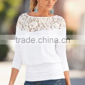 2016 Indian Dubai Modern Lace Splicing Chiffon Ruffled Loose Plus Size Tops White Blouses for Women Ladies Girls Cheap Clothes thumbnail-2
