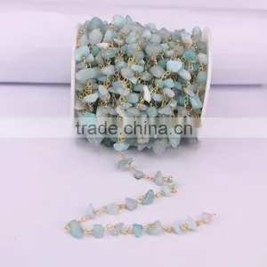 Aquamarine Chip Beads Link Rosary Chains,Brass Wire Wrapped Chain Necklace Bracelet, Fine Jewelry Findings Stone Beaded Chain thumbnail-1