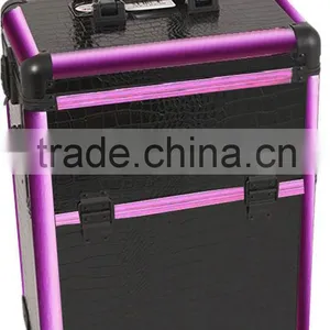 Black Makeup Pro Rolling Trolley Case- Purple Trim, Large Storage & Tray thumbnail-2