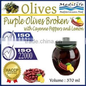 High Quality 100% Tunisian Table Olives,Purple Olives Broken With Cayenne Peppers and Lemon, Purple Olives 370 ml Glass Jar thumbnail-1