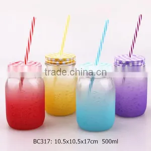 Glass Mason Jar With Sprayed Color and Colorful Plastic Straw thumbnail-1
