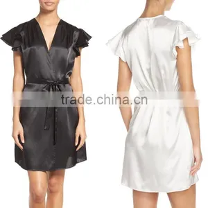 Latex Design Wholesale Satin Robe Shirred Shoulders Double Layer Sweet Style Fashion Ladies Night Sexy Party Dress Wrap Robe thumbnail-1