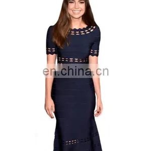 2017 Latest Bandage Tops Scalloped Cut Out Midi Two Piece Bandage Dress Navy thumbnail-2